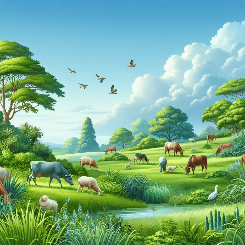 Imagem sugerida: Um campo com diferentes tipos de vegetação e animais pastando livremente.